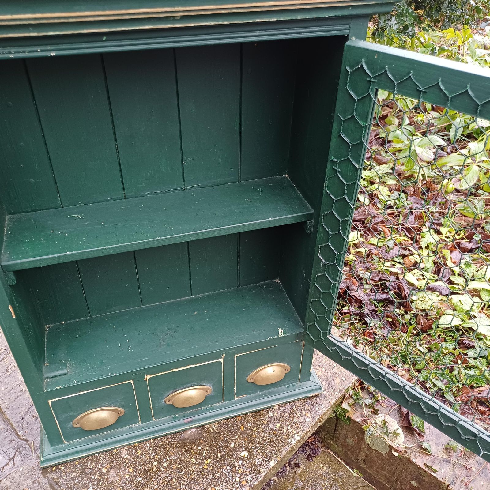 Vintage Solid Pine Painted Green Upcycled Wall Cupboard A Shabby Chic Chicken Wire Collectible! photo 195.0