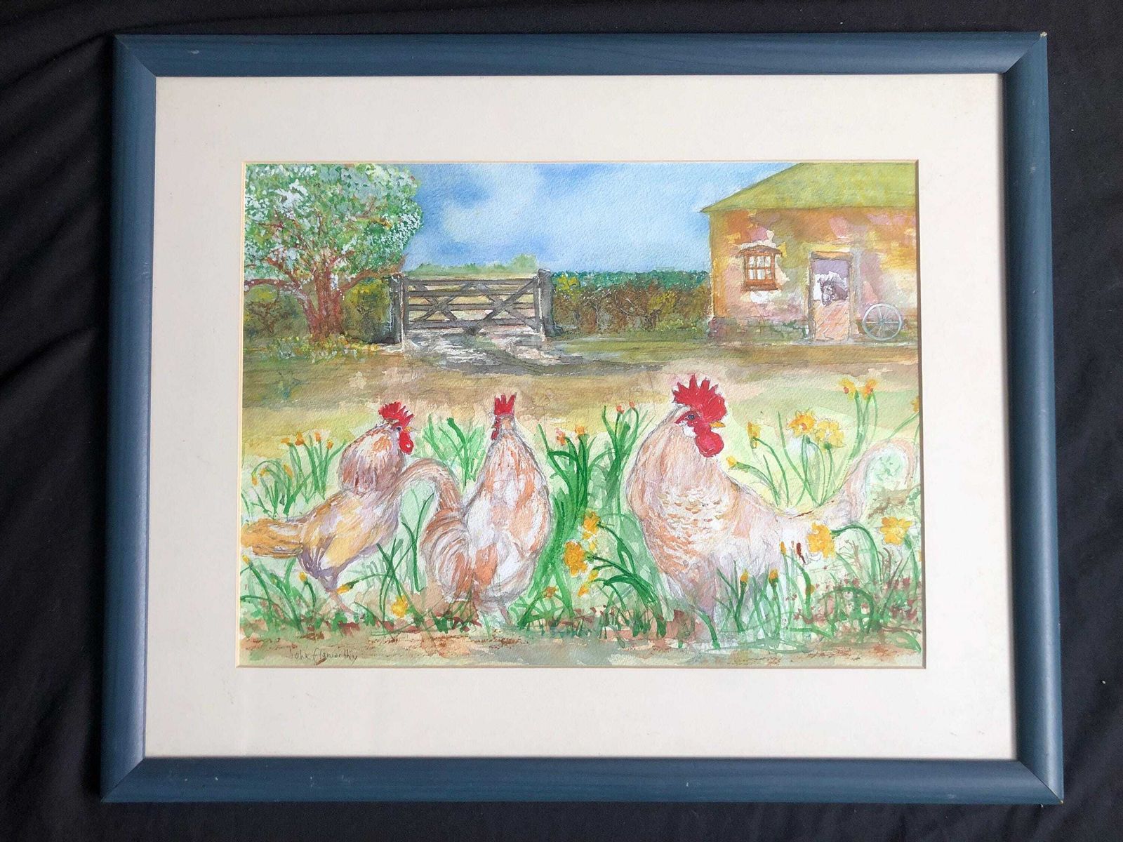 Barn Door Cockerels Water Colour Painting By John Elsworthy