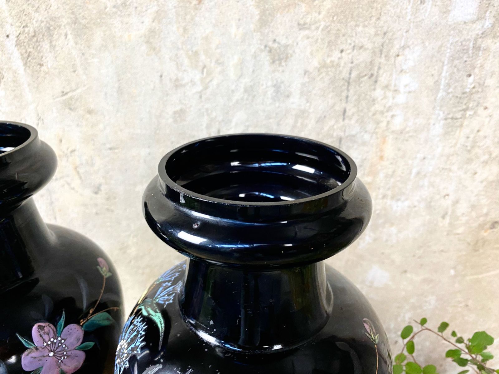 Victorian Pair Amethyst Glass Vases With Hand Painted Floral Design photo vinterior