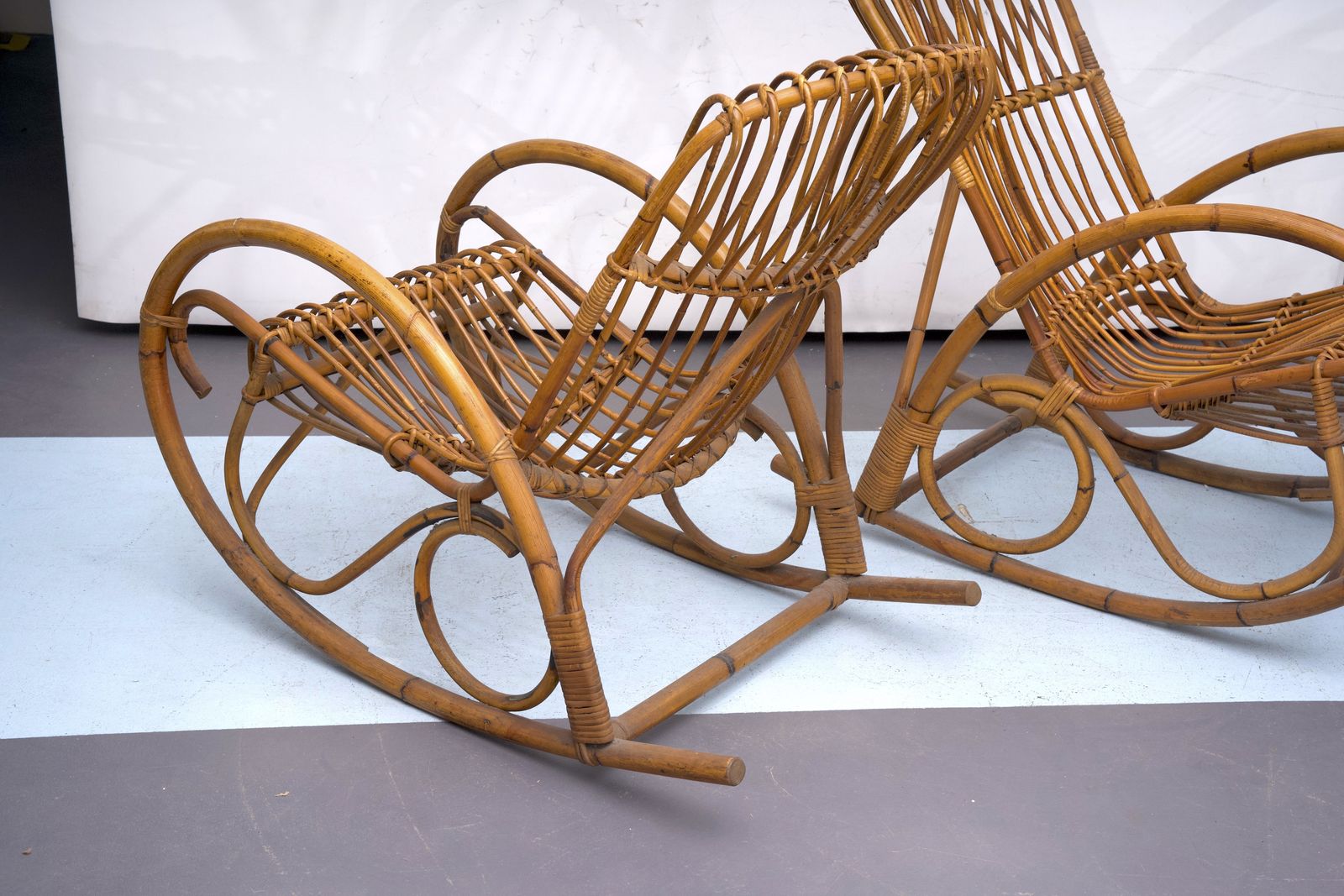 Franco Albini Style, Pair Of Rattan And Bamboo Rocking Chairs. Italy 1950s photo Furniture