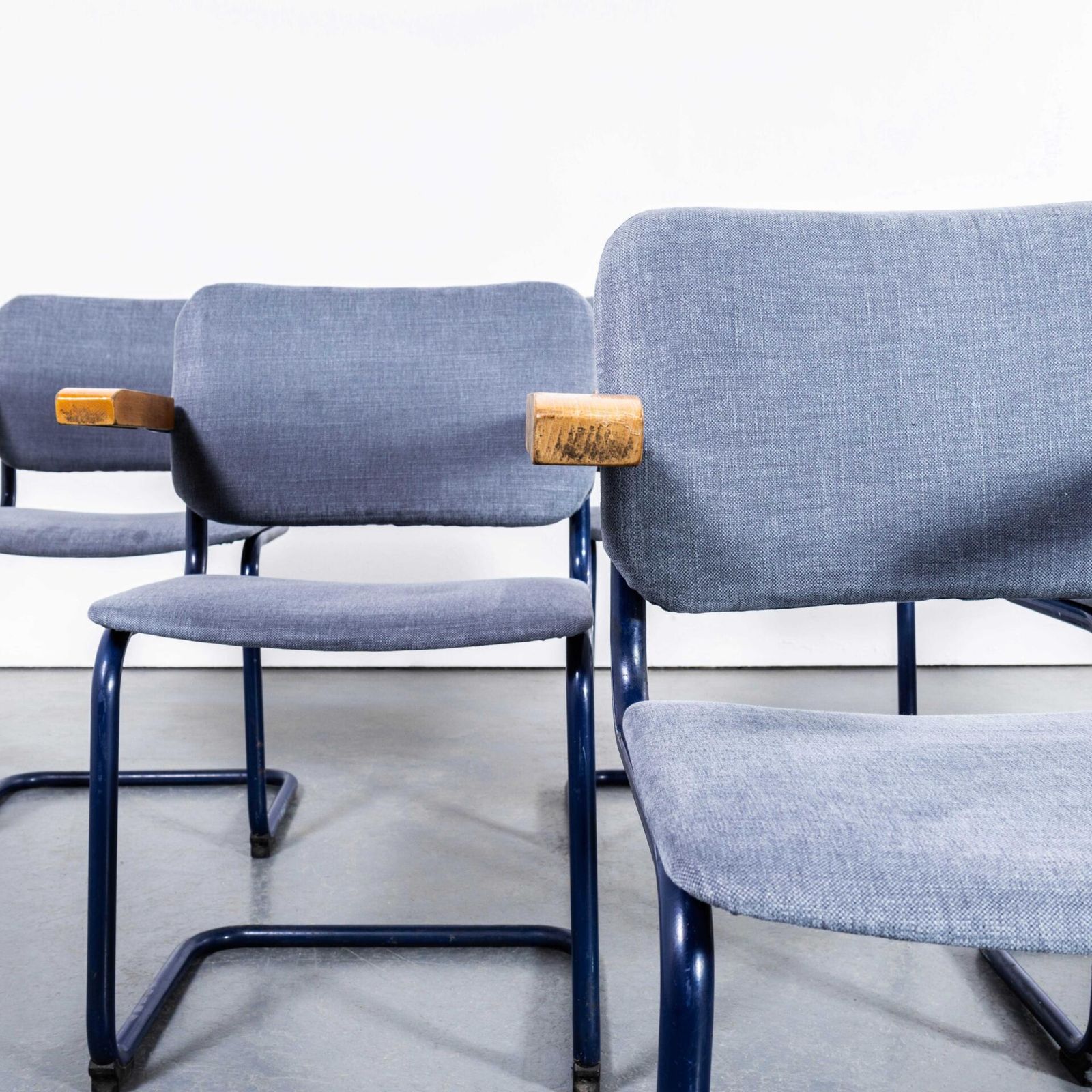1970’s Cantilever Blue Frame Dining Chairs With Blue – Grey Upholstery – Set Of Six photo furniture