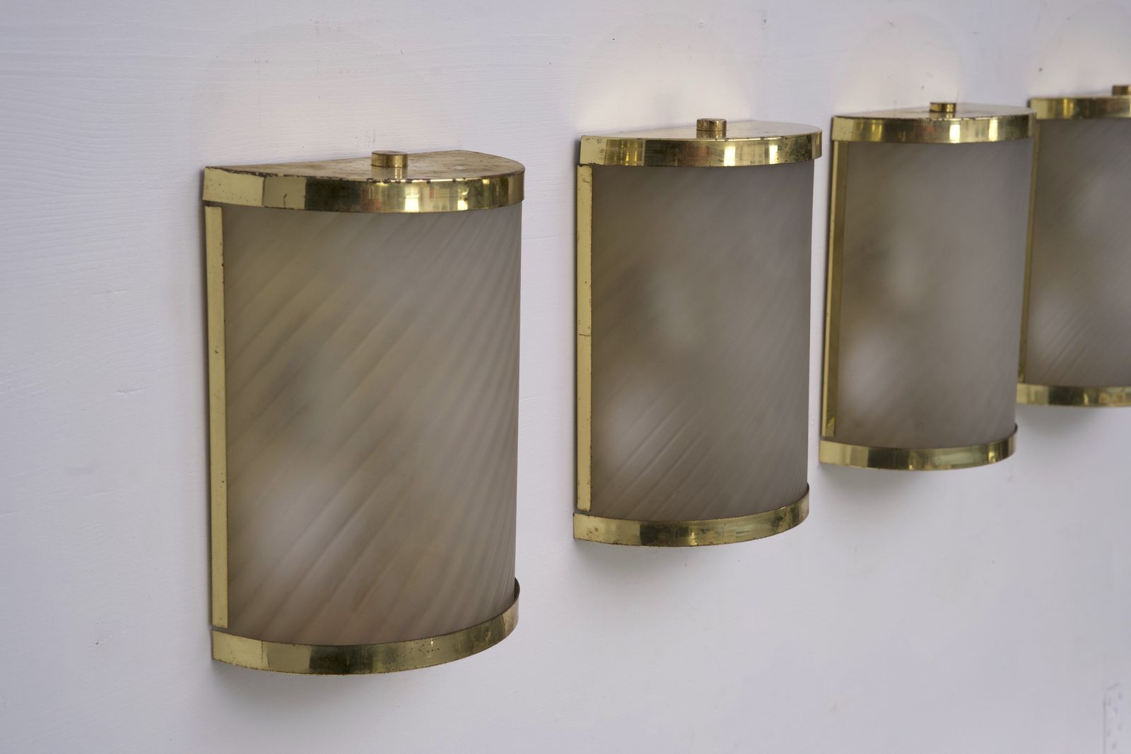 Rare Set Of Four Valentino Brass And Etched Glass Wall Sconces, Italy 1980s photo buy