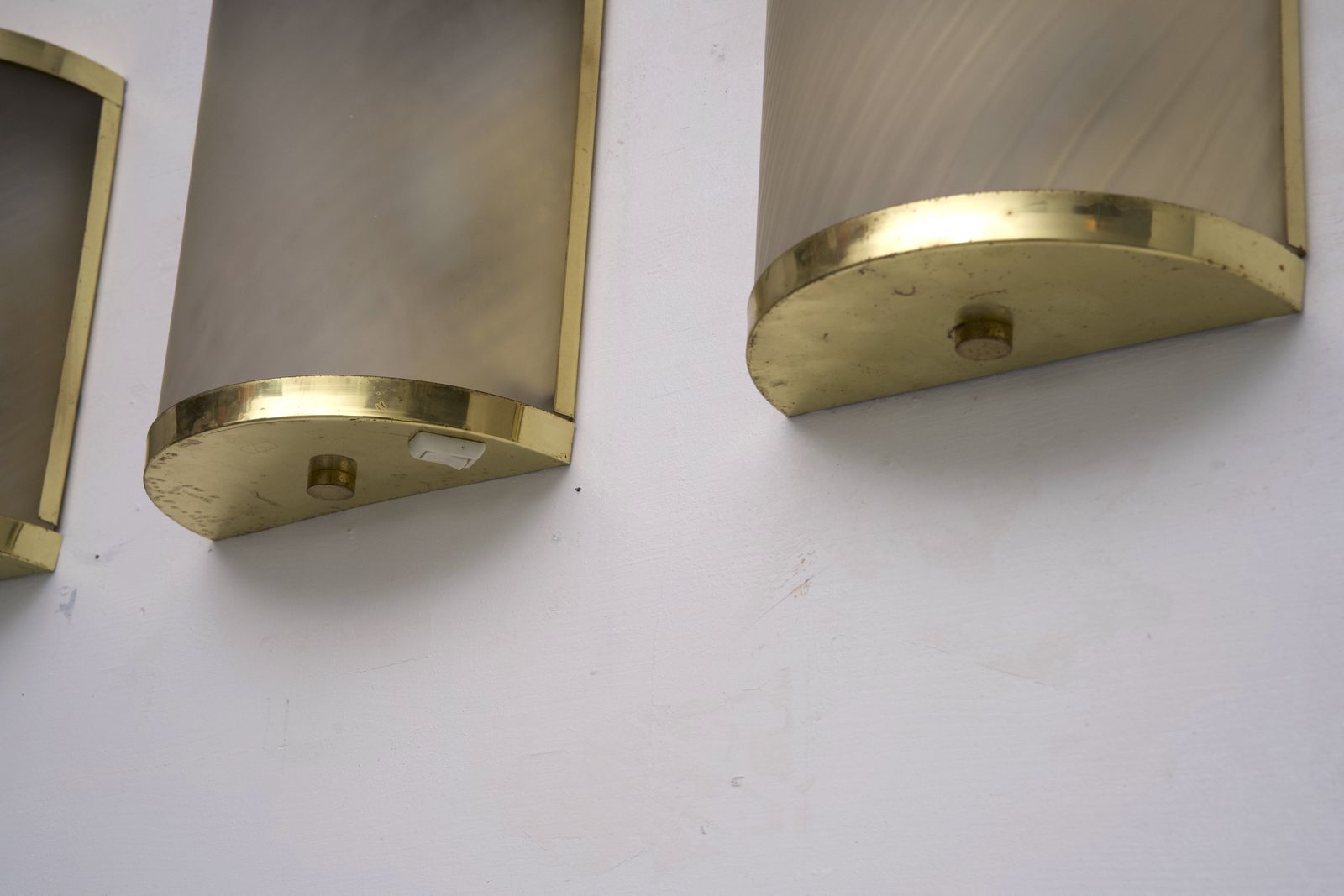 photo for sale Rare Set Of Four Valentino Brass And Etched Glass Wall Sconces, Italy 1980s
