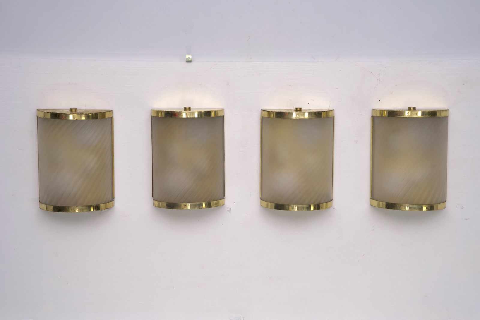 Rare Set Of Four Valentino Brass And Etched Glass Wall Sconces, Italy 1980s
