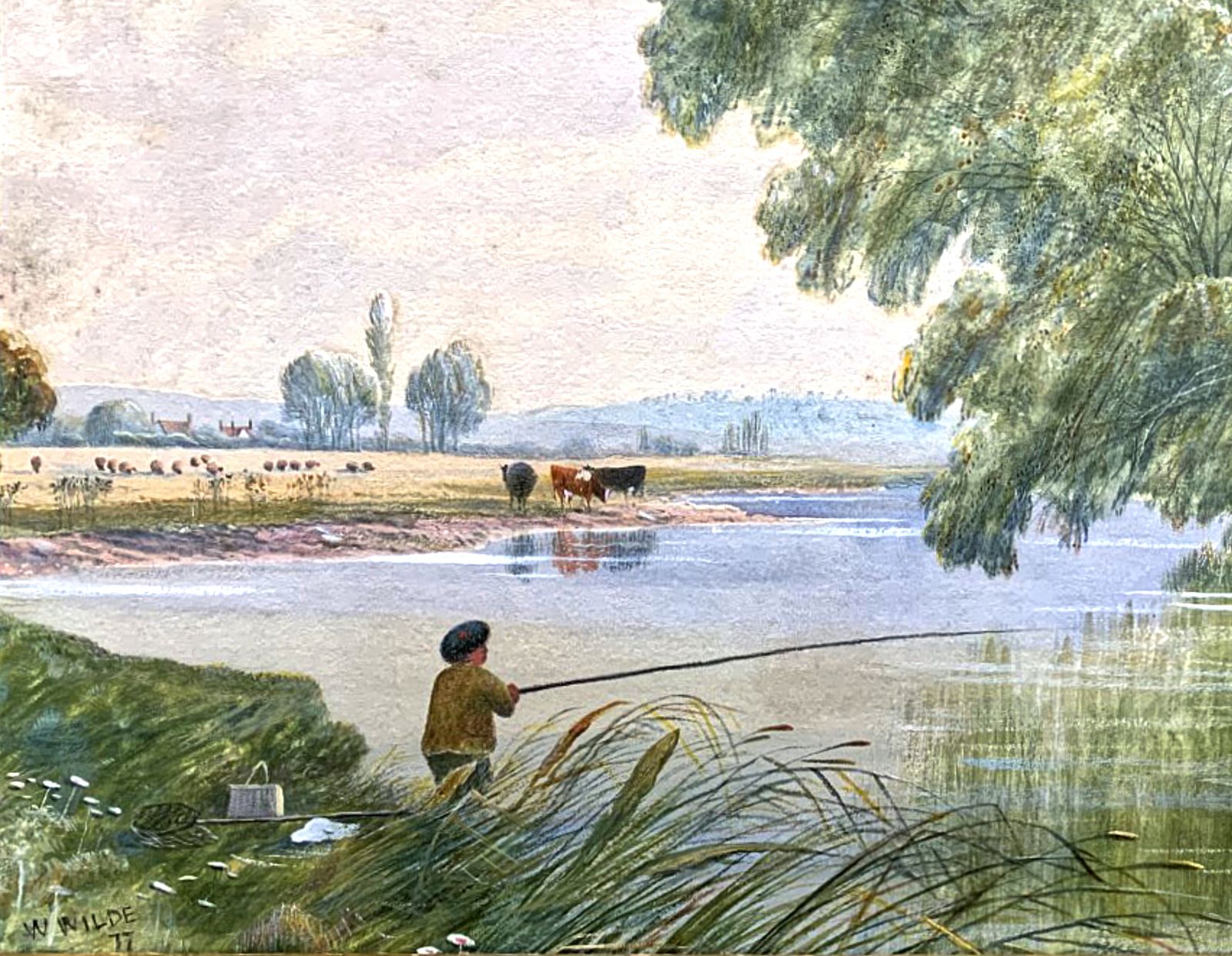 Fine C19th Victorian Watercolour   Boy Fishing In A Rural Landscape   William Wilde (1826 1901) photo 175.0