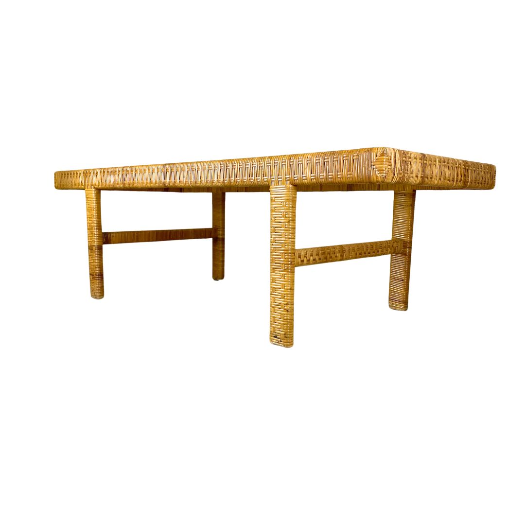 Danish Modern Coffee Table In Rattan Cane And Matt Glass By R. Wengler 1940s photo vinterior