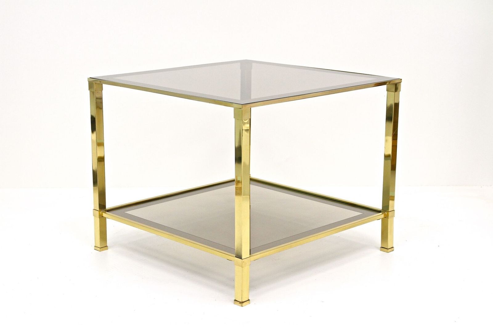 Pair Of Hollywood Regency Brass End/ Side Tables, Smoked Glass, Italy Ca. 1970 photo furniture