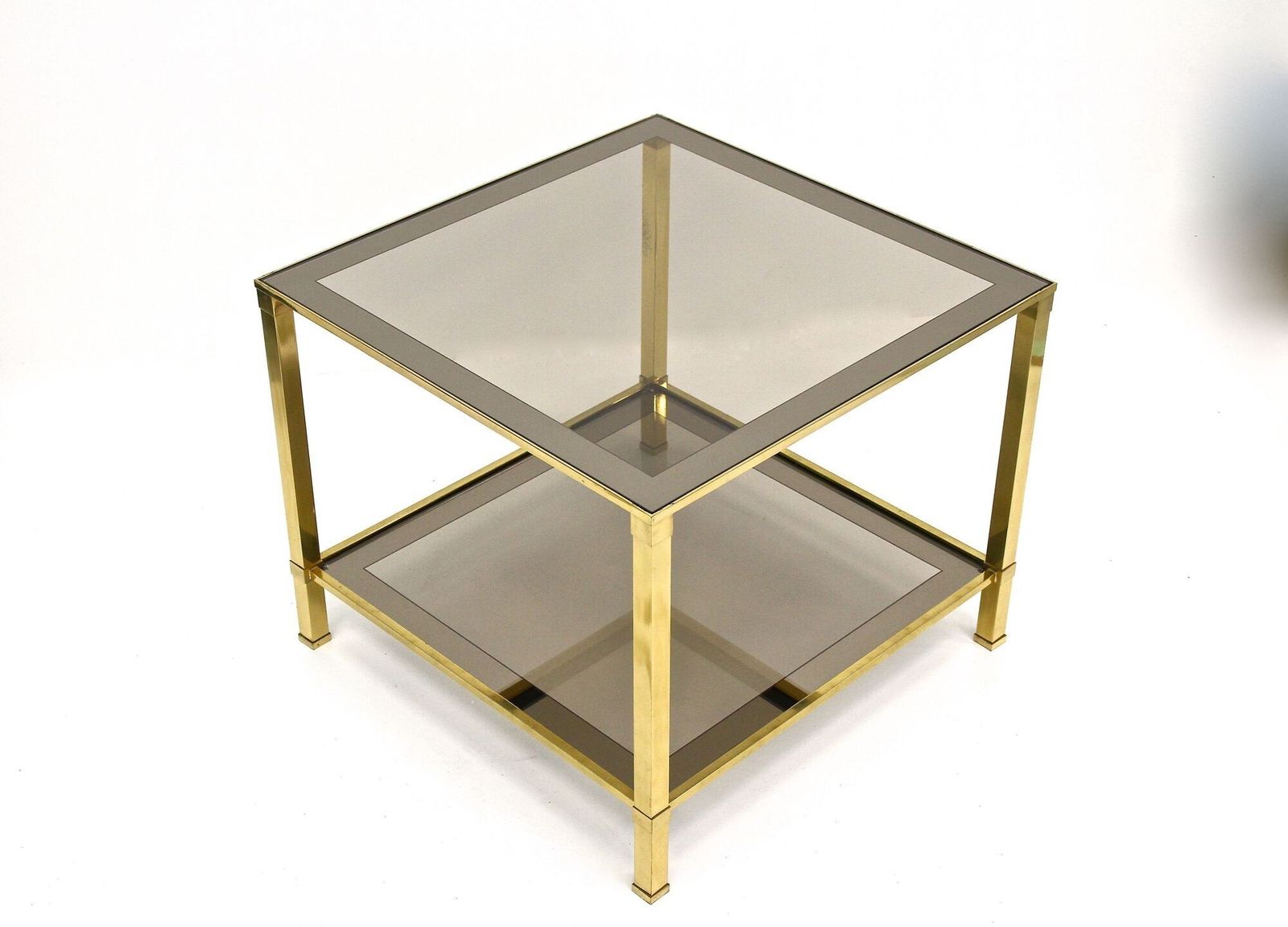 photo vintage Pair Of Hollywood Regency Brass End/ Side Tables, Smoked Glass, Italy Ca. 1970