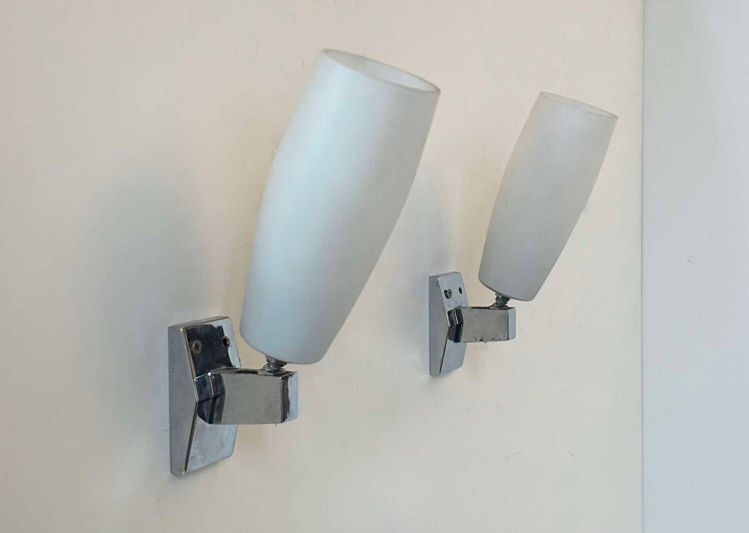 Pair Of Vintage Adjustable Wall Lights, Chrome And Opaline, France 1970 photo furniture