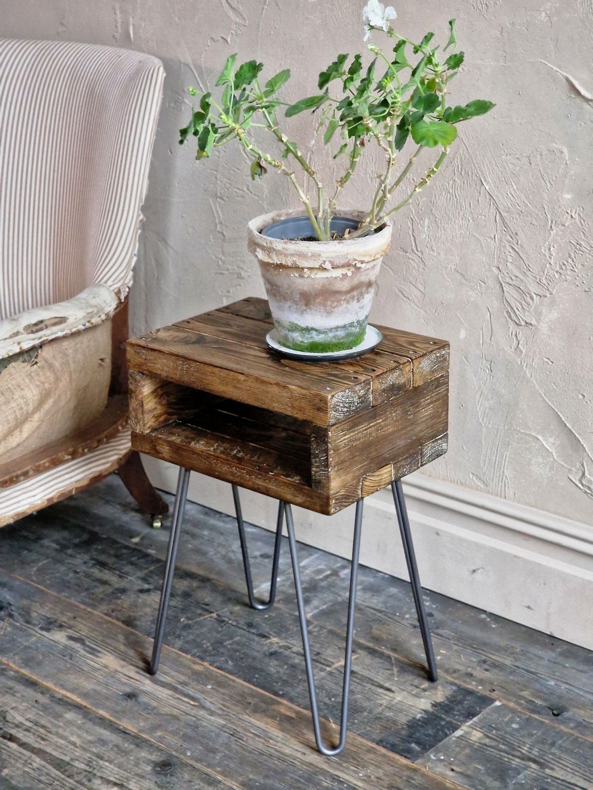 Retro Side Table "Noa" In Roast Coffee Finish With Hairpin Legs   Bedside Table | Boho Plant Stand | Rustic | Reclaimed Wood photo furniture