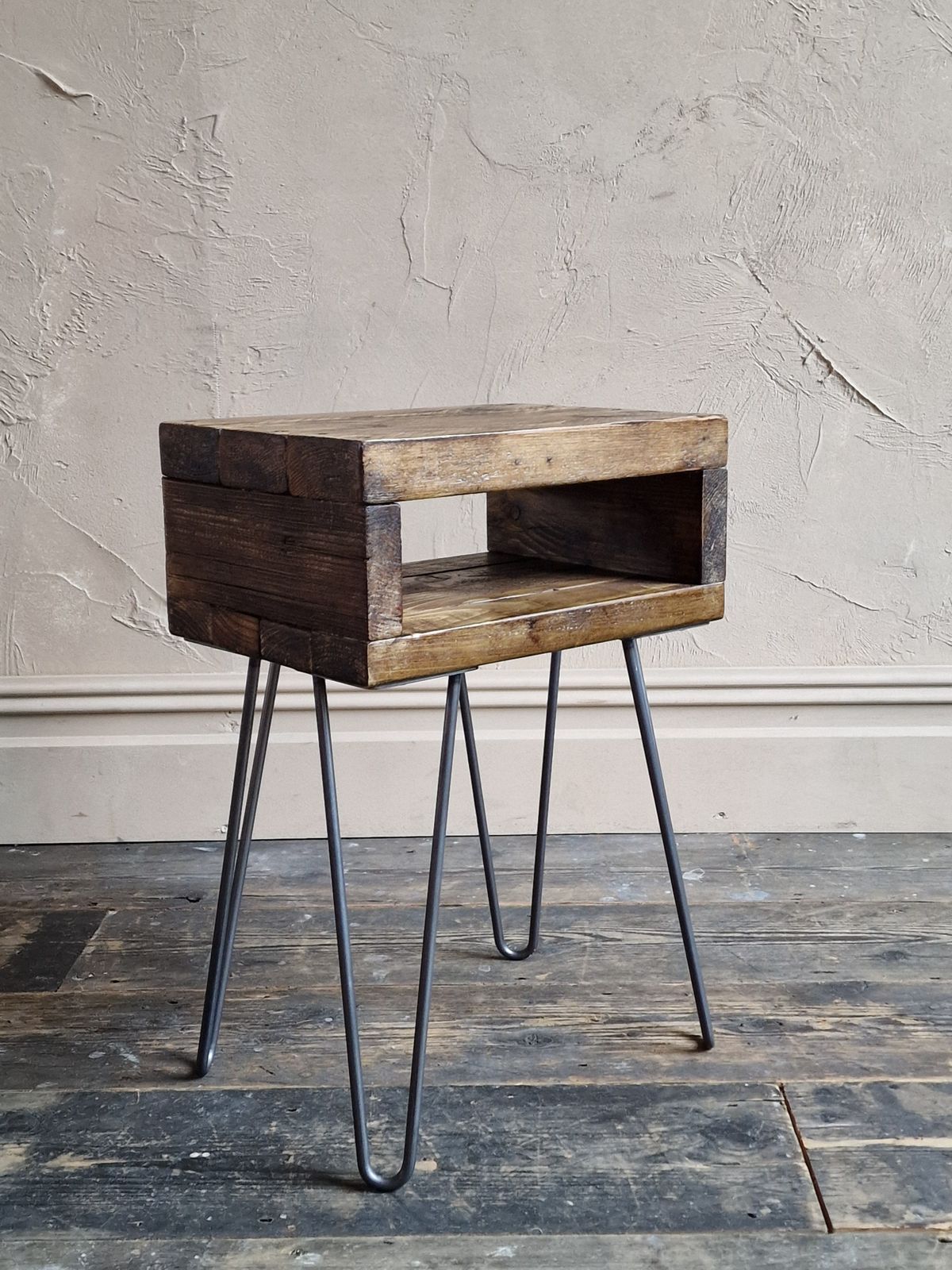 Retro Side Table "Noa" In Roast Coffee Finish With Hairpin Legs   Bedside Table | Boho Plant Stand | Rustic | Reclaimed Wood photo Furniture