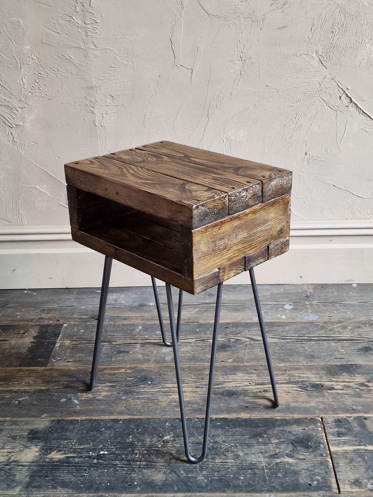 Retro Side Table "Noa" In Roast Coffee Finish With Hairpin Legs   Bedside Table | Boho Plant Stand | Rustic | Reclaimed Wood photo vinterior