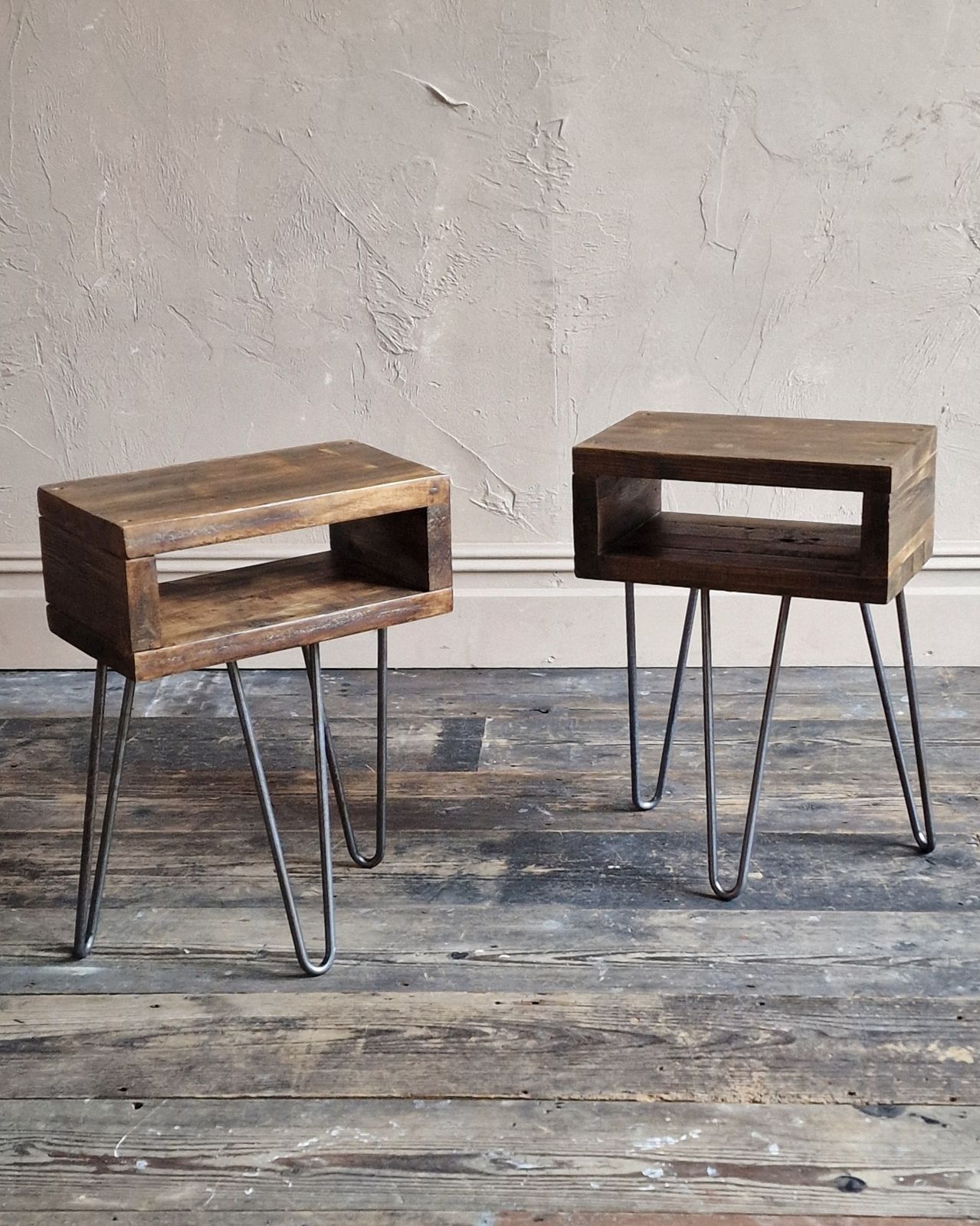 Pair Of Retro Reclaimed Wood Bedside Side Tables With Hairpin Legs photo Furniture
