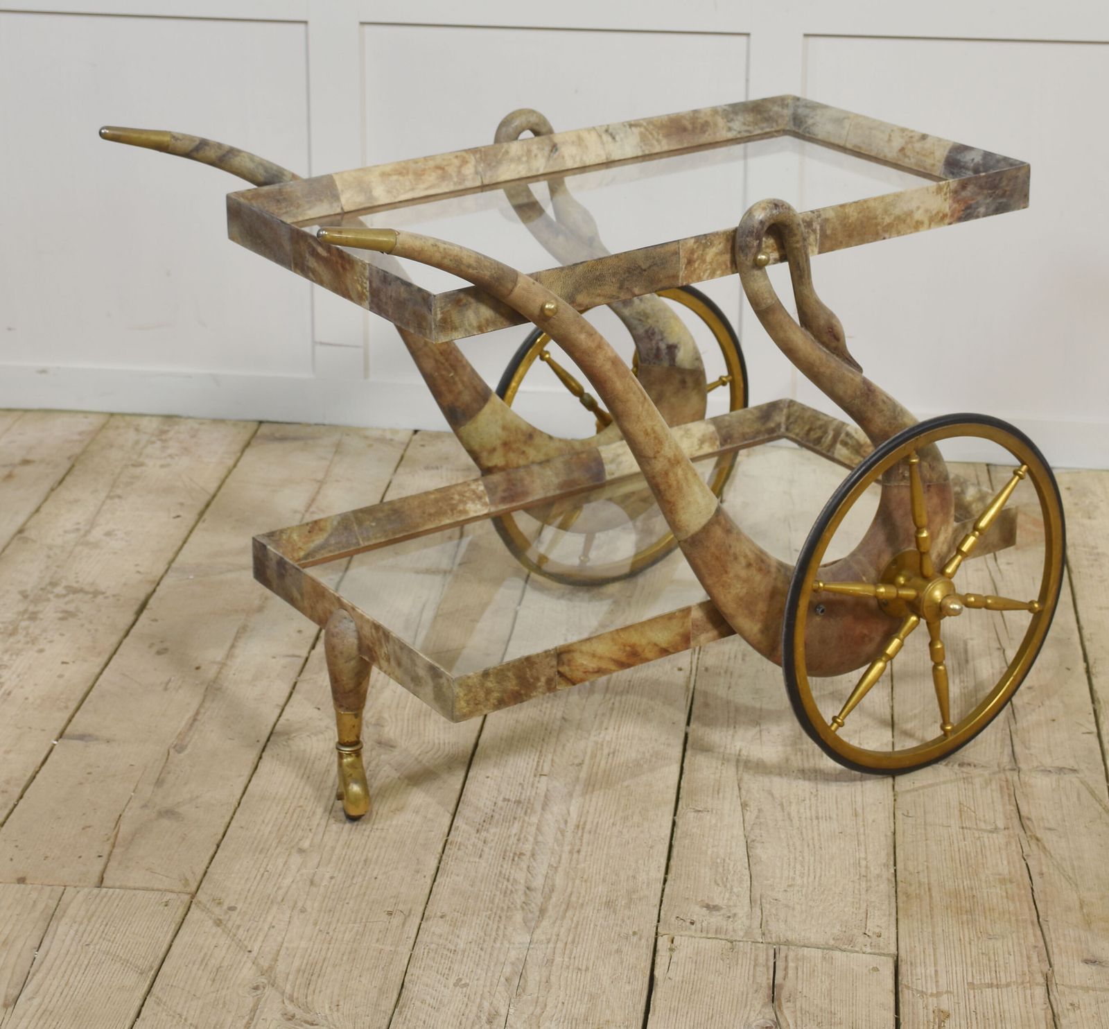 Goatskin And Brass Bar Or Dessert Cart By Aldo Tura