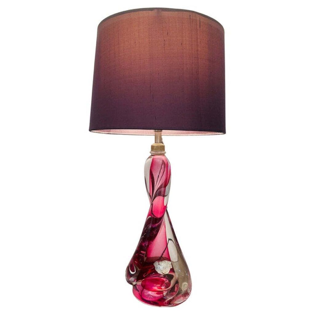 1950s Belgium Val Saint Lambert Pink & Clear Twisted Crystal Glass Table Lamp Base