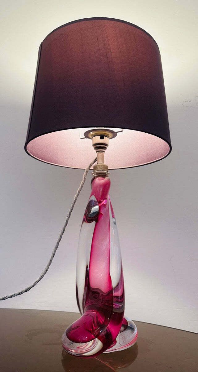 1950s Belgium Val Saint Lambert Pink & Clear Twisted Crystal Glass Table Lamp Base photo buy