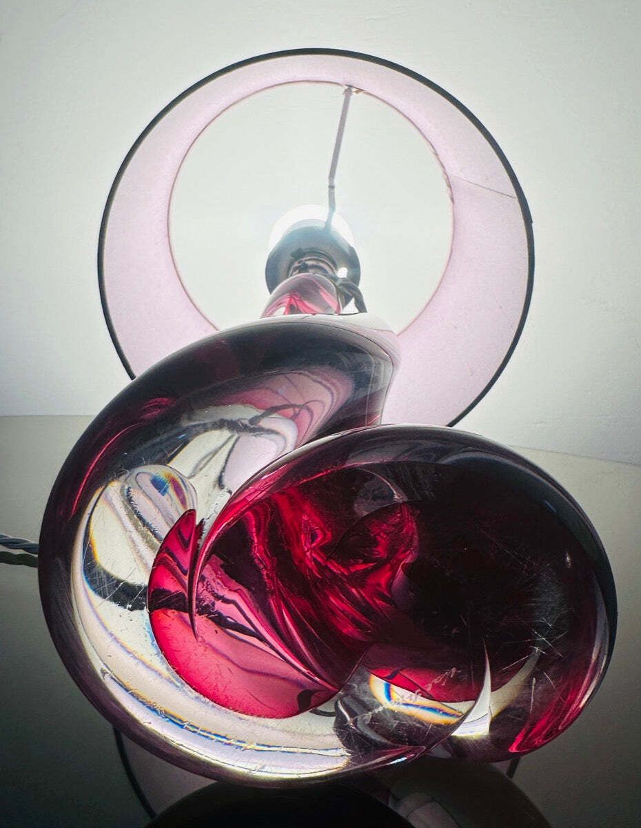 photo vintage 1950s Belgium Val Saint Lambert Pink & Clear Twisted Crystal Glass Table Lamp Base