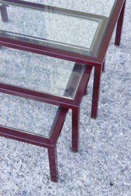 Bordeaux And Brass Lacquered Metal Tables From Maison Jansen, France, 1950s, Set Of 3 photo vinterior