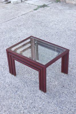 Bordeaux And Brass Lacquered Metal Tables From Maison Jansen, France, 1950s, Set Of 3 photo vintage