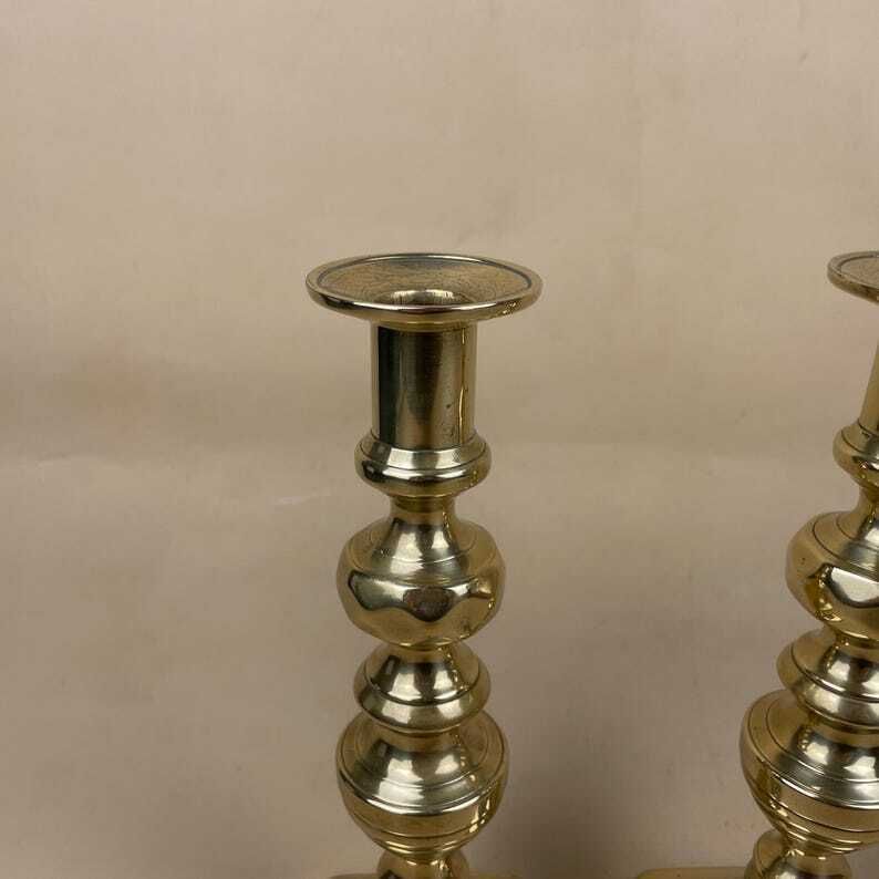Antique Matching Pair Of Gold Brass Metal Candlestick Candle Stick Vintage Column Taper Dinner Candlesticks Square Base Shiny Ornate Old photo 55.0