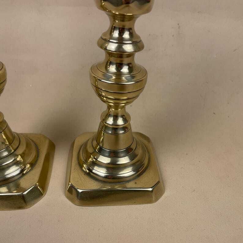 Antique Matching Pair Of Gold Brass Metal Candlestick Candle Stick Vintage Column Taper Dinner Candlesticks Square Base Shiny Ornate Old photo buy