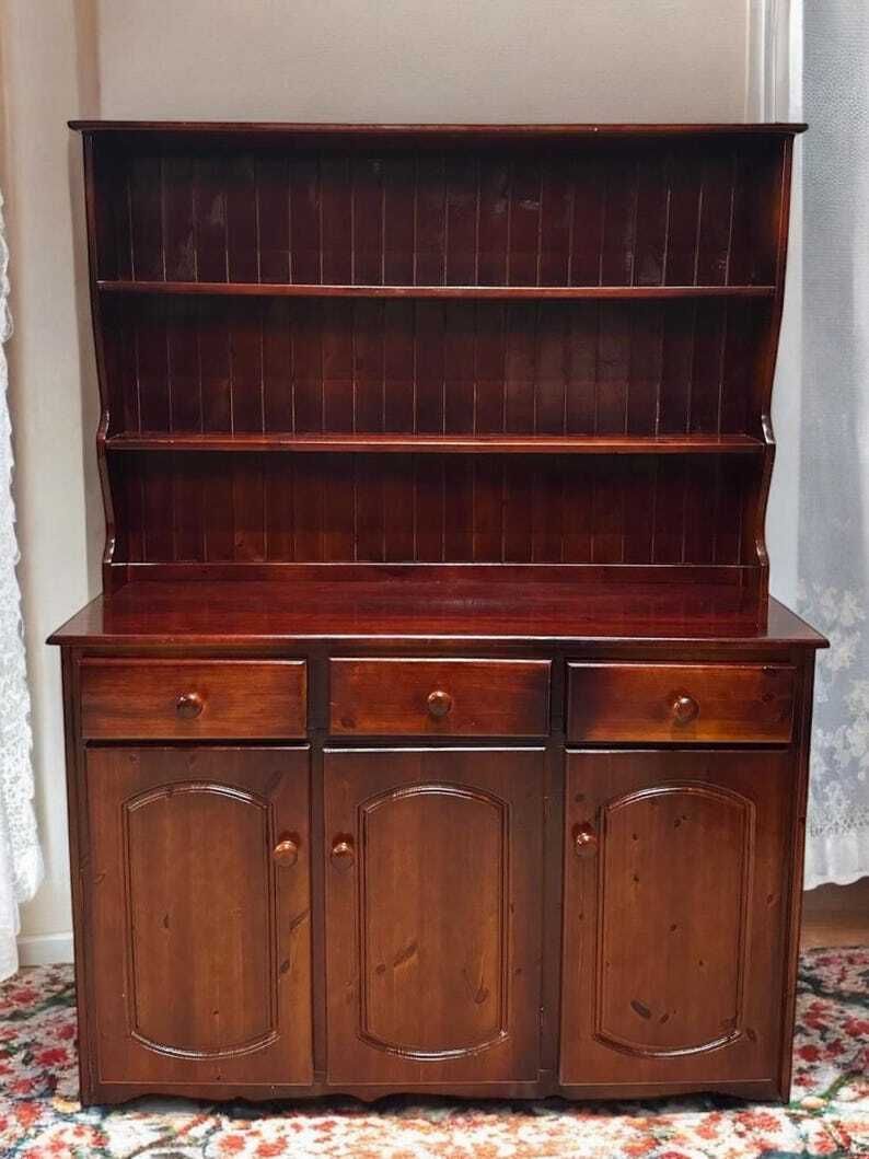Vintage Pine Carved Wooden Dresser 1980s / Open Bookcase
