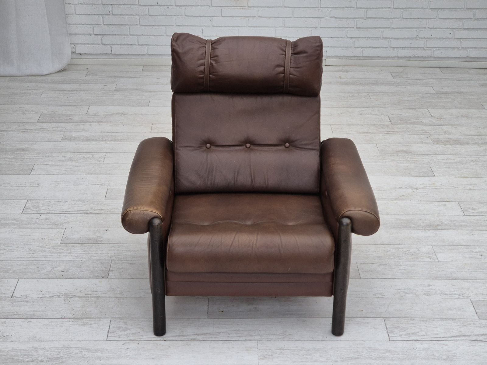 1970s, Danish Armchair, Original Condition, Furniture Leather, Dark Oak Wood. photo Furniture