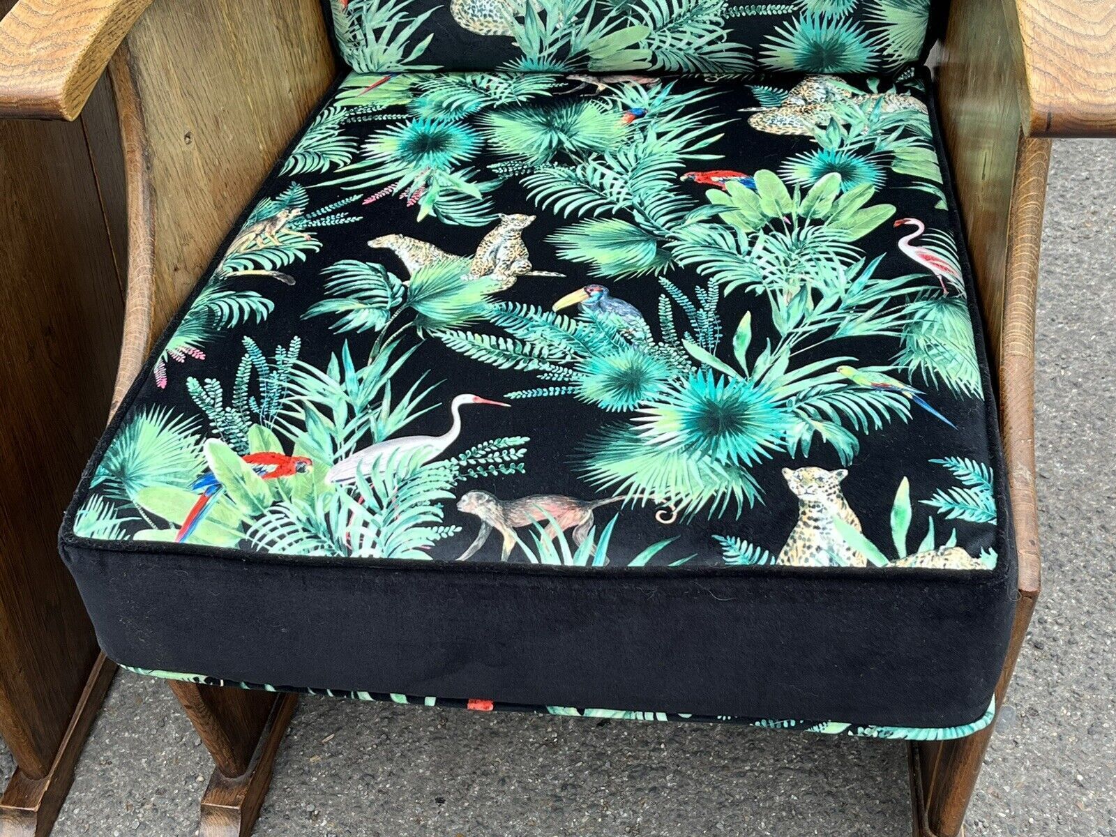 Mid Century Oak Armchair In New Upholstery In A Designer Print. photo Furniture