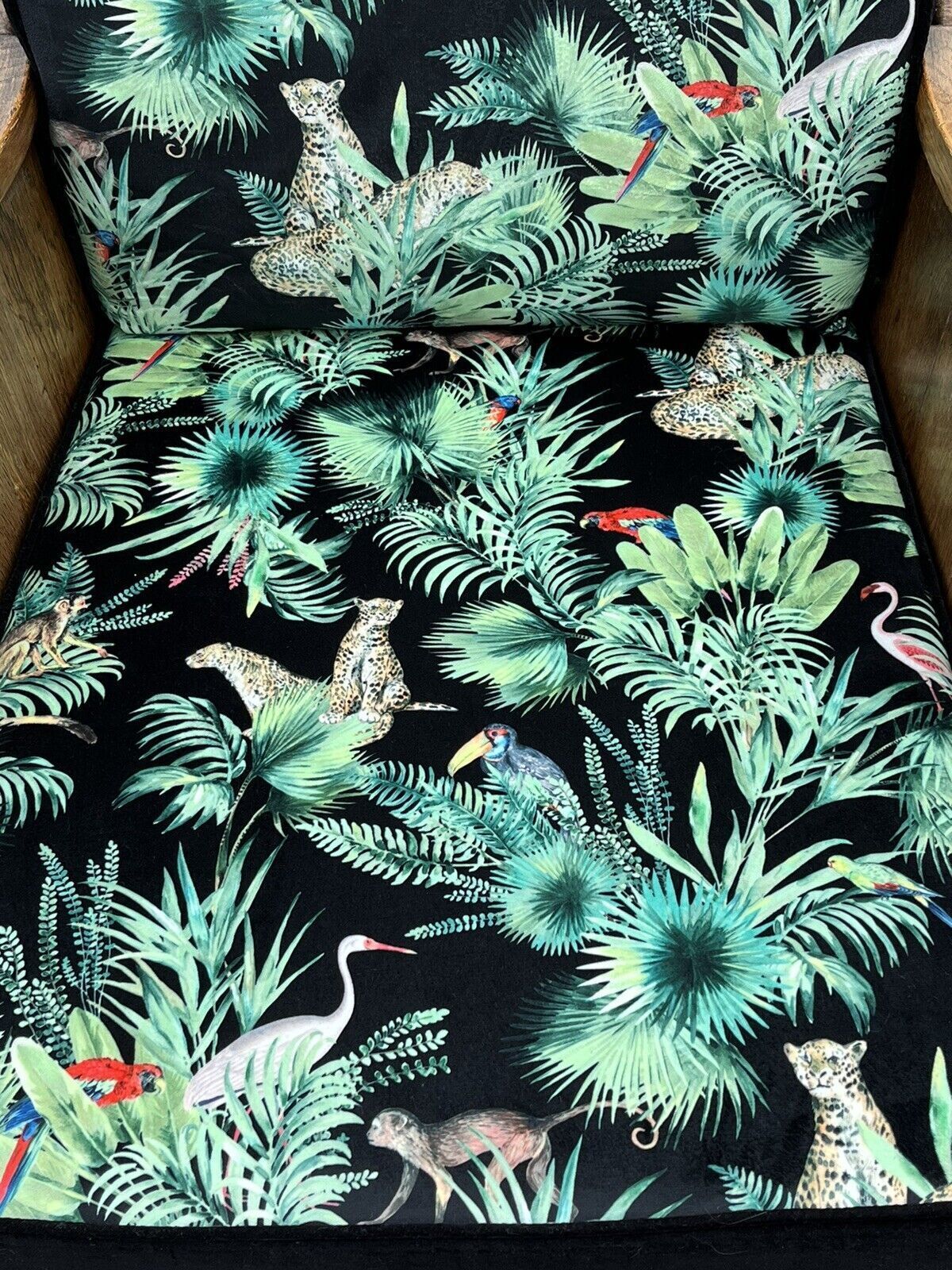 Mid Century Oak Armchair In New Upholstery In A Designer Print. photo buy