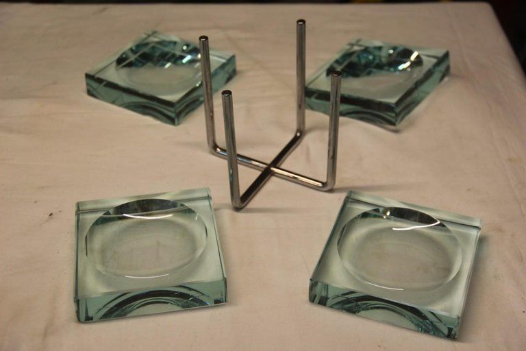 Gallotti & Radice Ashtray Piece Often Crystal Glass Metal Structure 1970 Italian photo vinterior