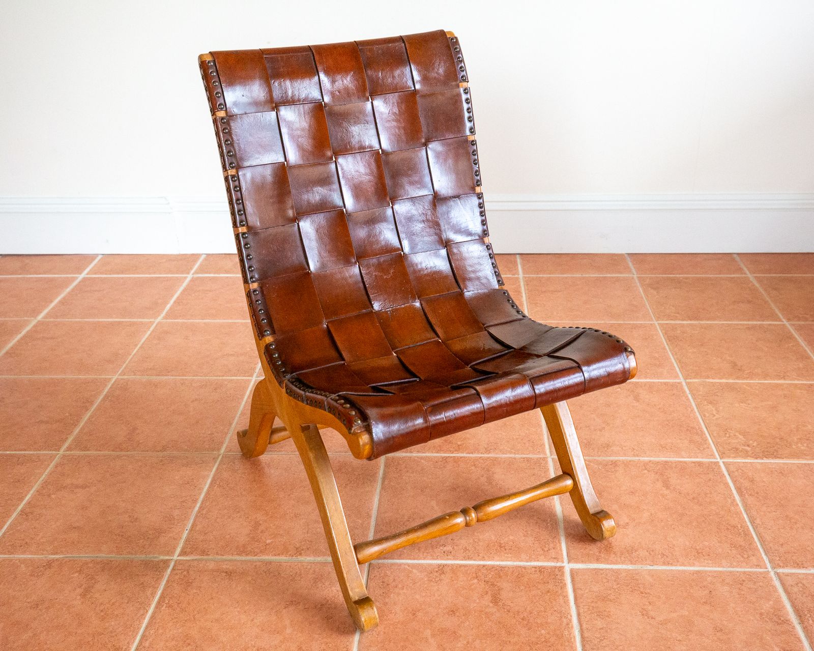 Furniture Pierre Lottier Slipper Lounge Chair Cigar Leather Strap 1960s Blonde Valenti Spanish French Mid Century Mcm Designer Neoclassical photo