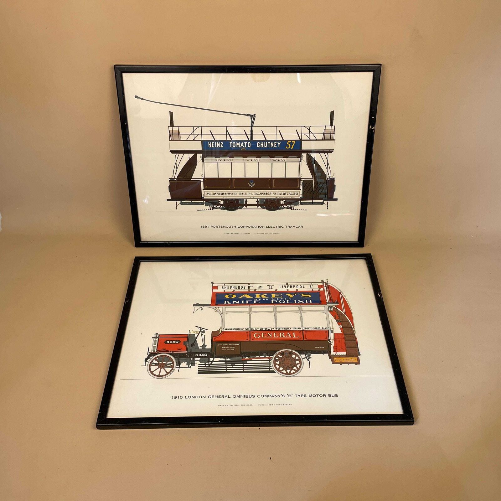 Vintage London & Portsmouth Tram Drawings From 1910 And 1891 Antique Framed Prints David J Trussler