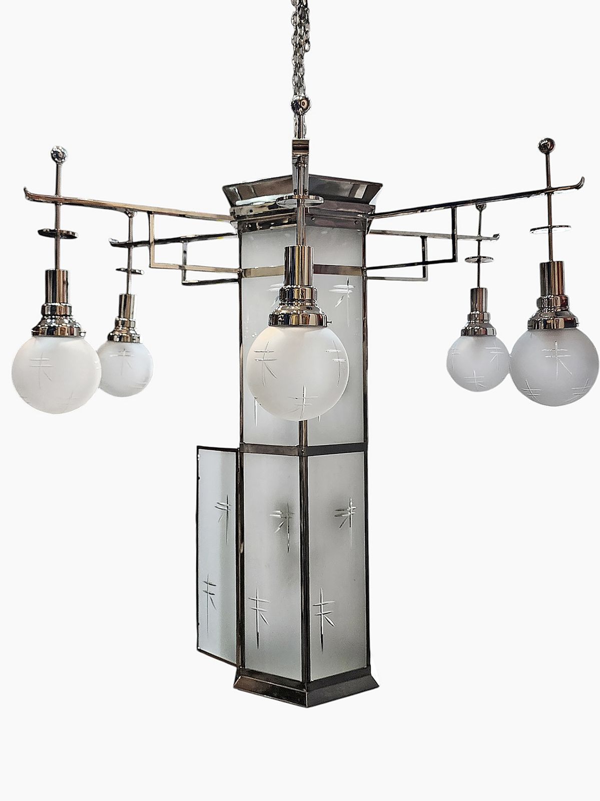 photo buy 1920s Former Palacio Sudamérica's Art Déco Metal And Glass Lighting Fixture, Uruguay