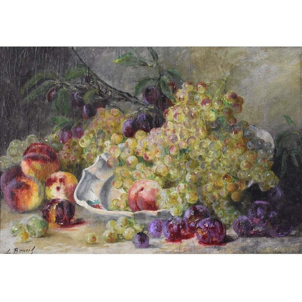 Still Life Oil Painting, Still Life With Fruit, Peaches And White Grapes, Oil On Canvas, Antique Painting, XIX Century. (Qnm616) photo for sale