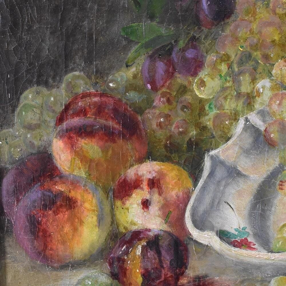 Still Life Oil Painting, Still Life With Fruit, Peaches And White Grapes, Oil On Canvas, Antique Painting, XIX Century. (Qnm616) photo 1850.0