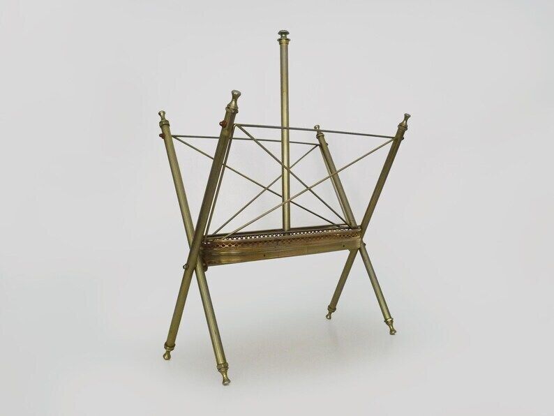 Neoclassical Baroque Folding Magazine Rack In Gold Metal. 50s photo Home Decor