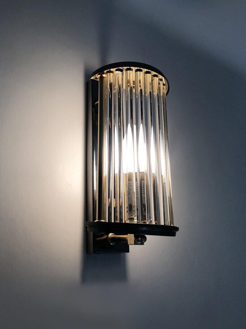 Pair Of Art Deco Style Wall Lights, Brass, Metal And Glass Gs Model Vadisa. 70s photo furniture