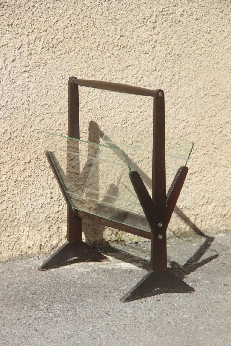 Mahogany Magazine Rack Geometric Shape Italian Design Midcentury Glass Parts photo furniture