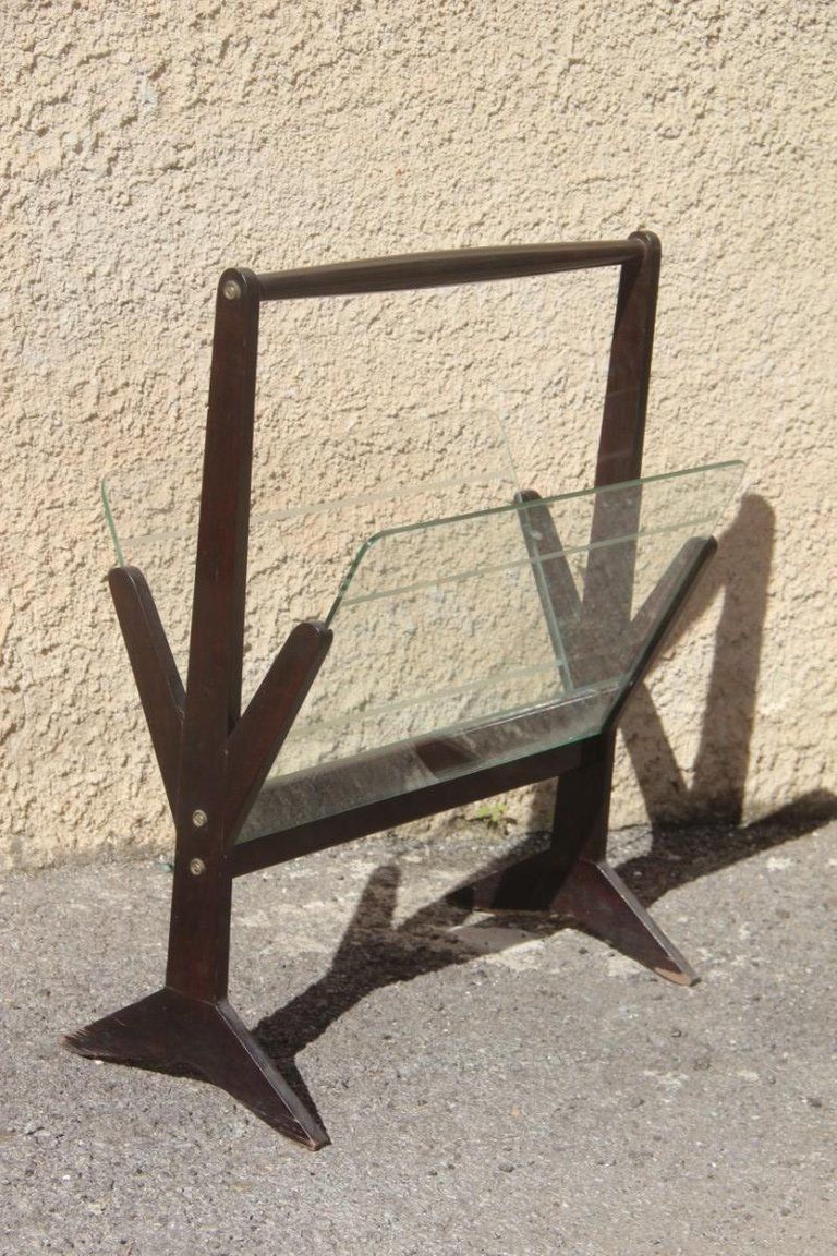 Mahogany Magazine Rack Geometric Shape Italian Design Midcentury Glass Parts photo 1272.0