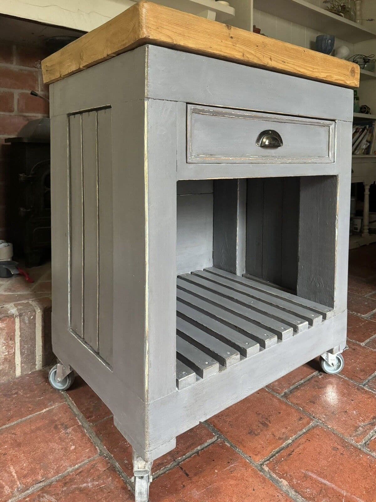 Furniture Vintage Grey Painted Butcher’s Block Kitchen Cart Island photo