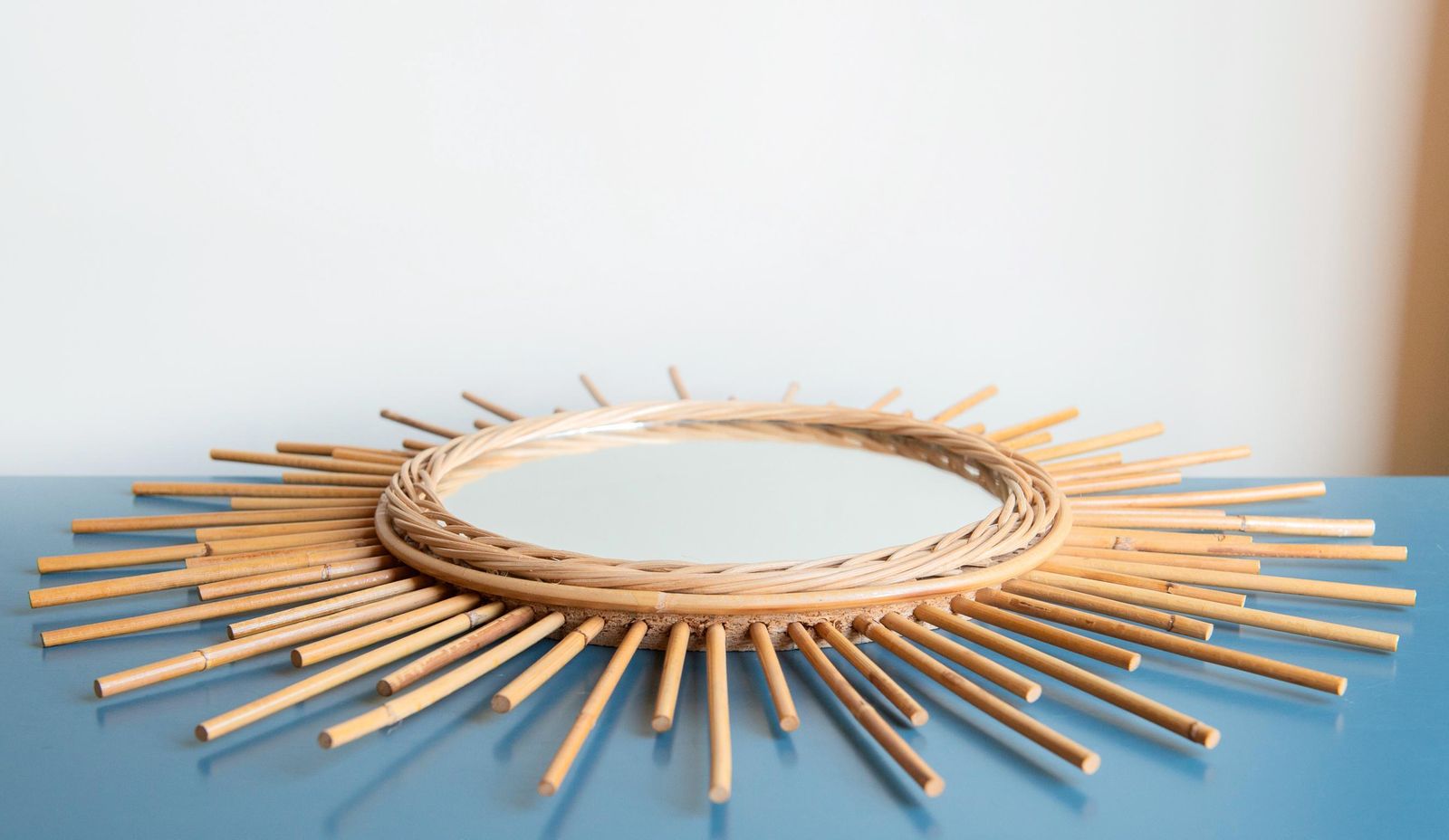 photo furniture Bamboo Sunburst Mirror, French Riviera Wall Mirror, Mid Century Round Rattan Mirror, 1960s Design, Bohemian Home Decor