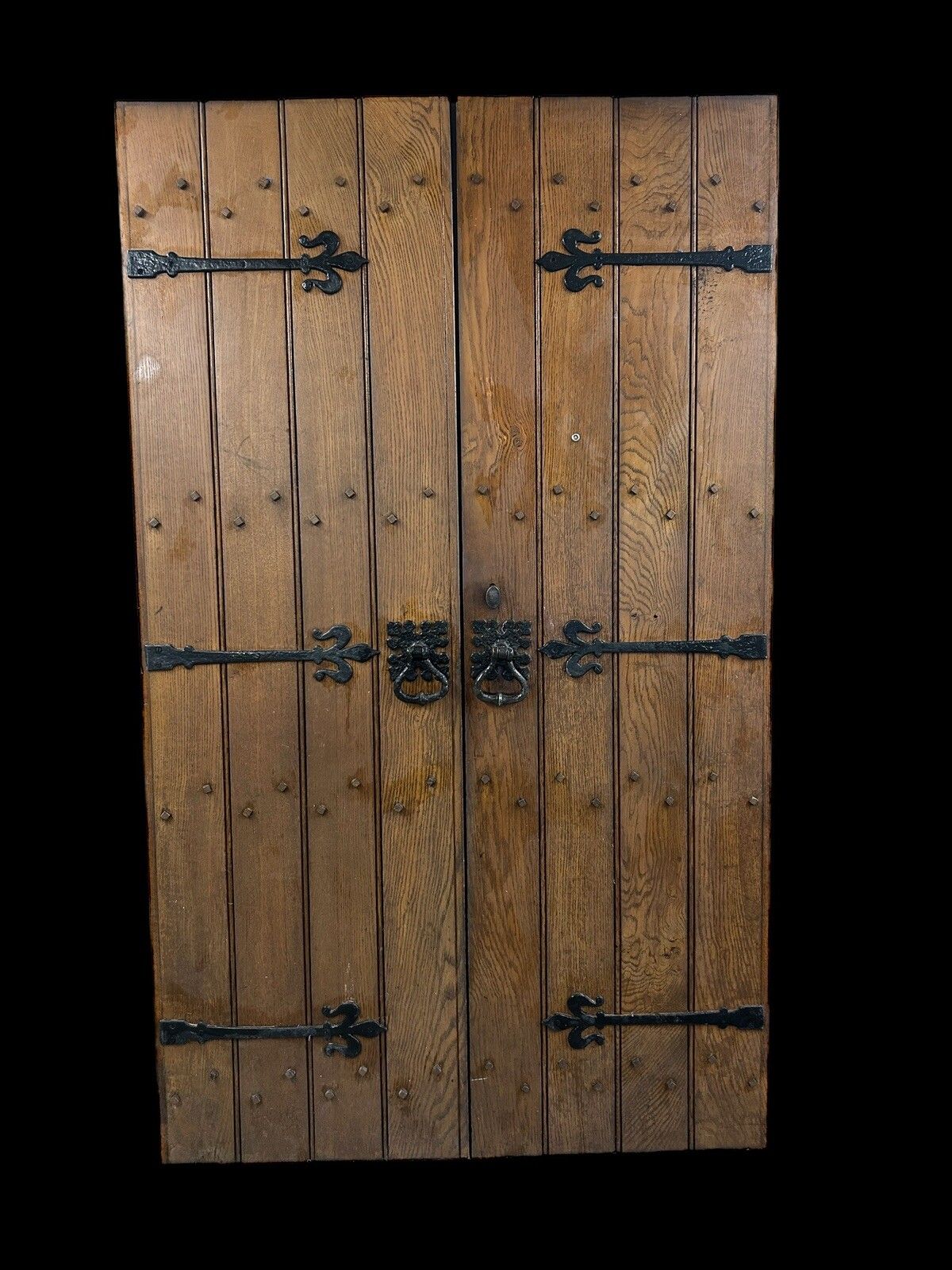 Solid Oak Doors Double Antique Period Reclaimed Old Iron Handles Wood Planks
