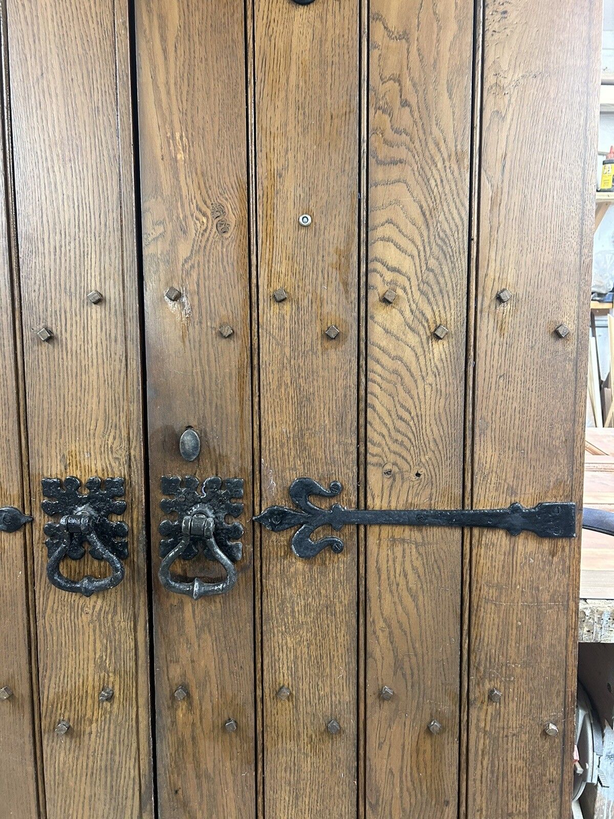 Solid Oak Doors Double Antique Period Reclaimed Old Iron Handles Wood Planks photo vintage