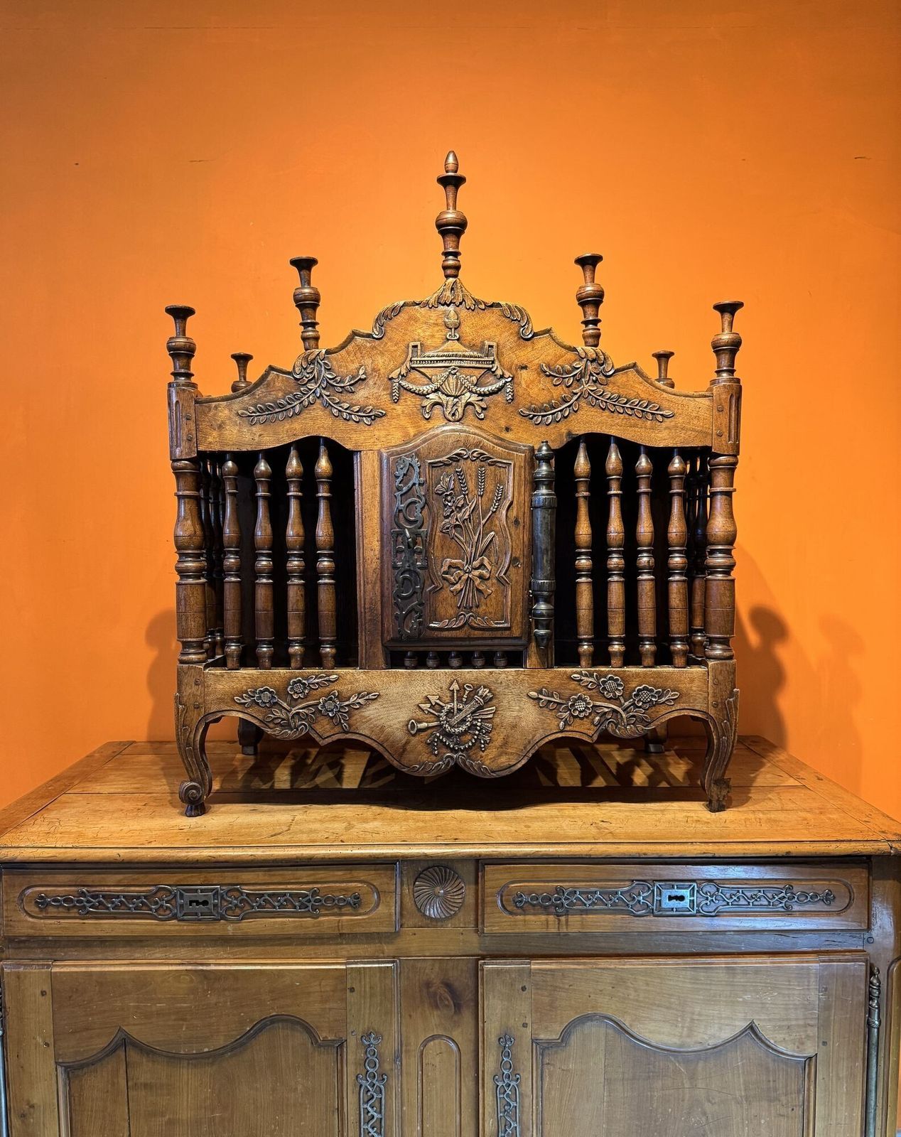 18th Century French Carved Walnut Panetiere With Turned Finials