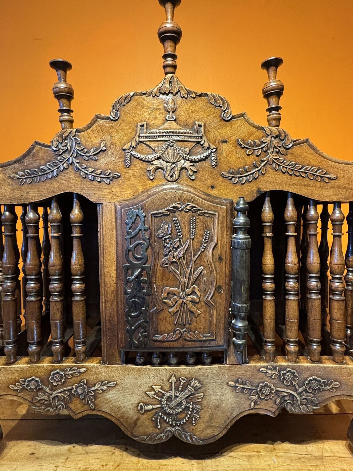 Furniture 18th Century French Carved Walnut Panetiere With Turned Finials photo