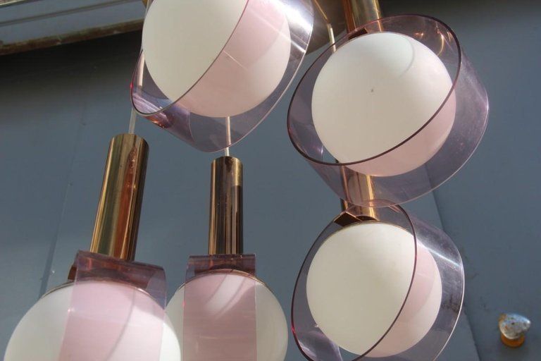 Round Stilux Milano Midcentury Chandelier Brass Plexiglass Gold Italian Design photo 3360.0