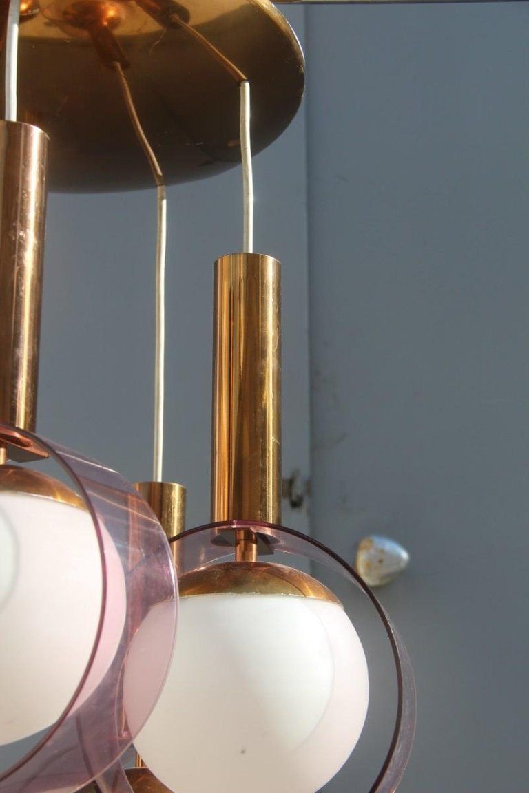 photo for sale Round Stilux Milano Midcentury Chandelier Brass Plexiglass Gold Italian Design