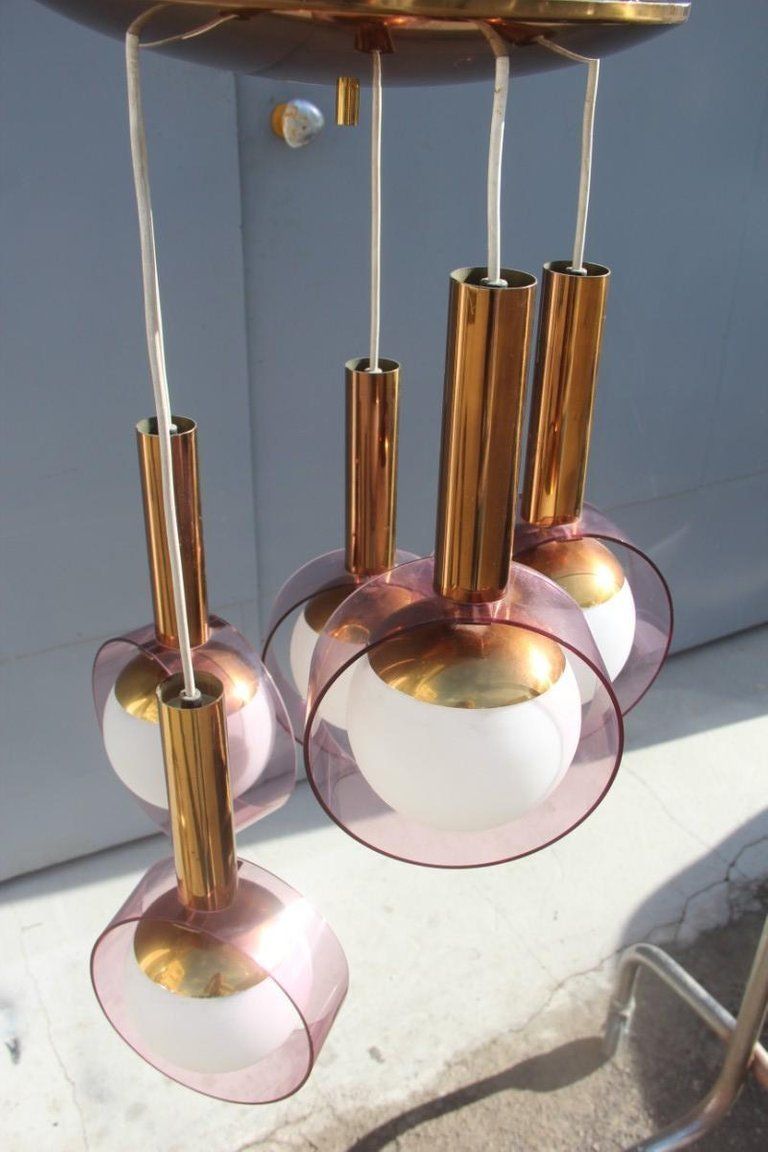 3360.0 Round Stilux Milano Midcentury Chandelier Brass Plexiglass Gold Italian Design photo
