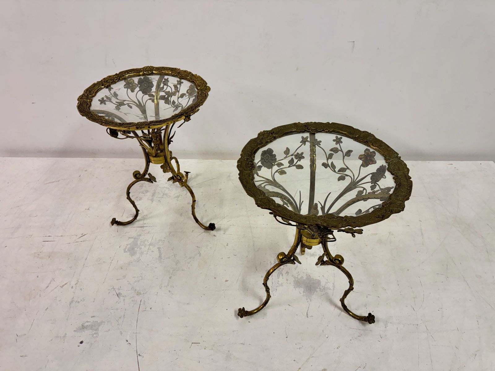 Pair Of Mid Century Spanish Brass Ornate Side Tables photo furniture