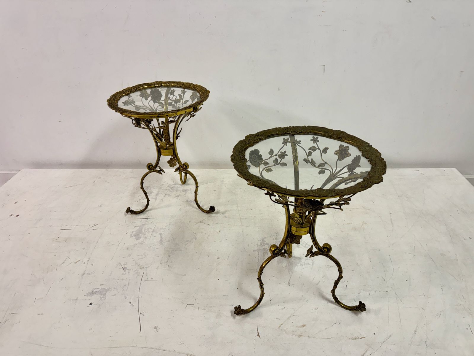 Pair Of Mid Century Spanish Brass Ornate Side Tables photo for sale